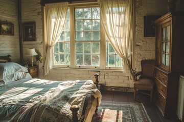 A simple bedroom featuring a bed, dresser, and a window providing natural light, A bedroom setting with antique furniture and wide windows welcoming the soft morning sun, AI Generated