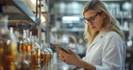 woman scientists working together on a digital tablet in a lab