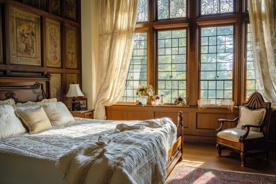 Bed Sitting in Bedroom Next to Window, A bedroom setting with antique furniture and wide windows welcoming the soft morning sun, AI Generated