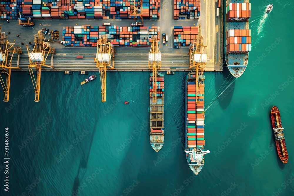 Poster an impressive aerial shot displaying a dock filled with numerous large ships, a bird's eye view of a