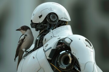 Fototapeta premium Robot With Bird Perched on Its Shoulder, A Delightful Imagery of Mechanical and Natural Harmony, A bird perched on the shoulder of a robot, AI Generated