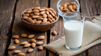 almonds in a bowl with a glass of almond milk on a wooden table - obrazy, fototapety, plakaty