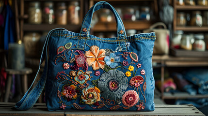 Beautiful embroidered denim handbag, shopping bag. DIY, denim upcycling, using old jeans, upcycle denim stuff. Sustainable lifestyle, hobby, crafting, recycling, generative ai - obrazy, fototapety, plakaty