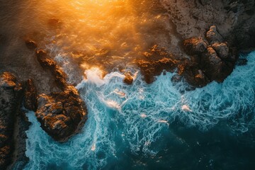 Awe-Inspiring Aerial View of Ocean at Sunset - Captivating Nature Image, A bird's eye perspective of a golden sunset lighting up the sea and rocks, AI Generated