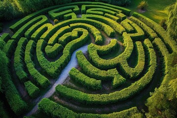 Naklejka premium Capture an aerial view of a sprawling and challenging maze situated in the midst of a vibrant, green field, A bird's eye view of a labyrinth-like hedge garden, AI Generated
