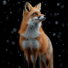 Full body image of a majestic standing fox with blue eyes on a black background with snow falling. , ai generated.