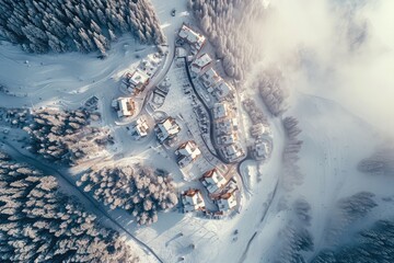 This photo captures the serenity and beauty of a snow-covered village from a birds-eye perspective, A bird's eye view of a snow-covered ski resort, AI Generated