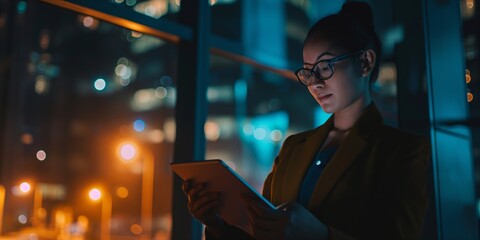 Night, tablet and business woman typing, scroll and manager review journalist story, social media blog and working late. Professional news reporter, reading and Indian person check online article