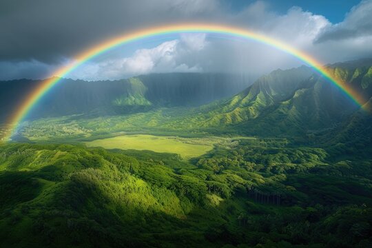 A stunning photo capturing a rainbow arched over a vibrant green valley beneath a cloudy sky, A bird's eye view of a rainbow over a green valley, AI Generated