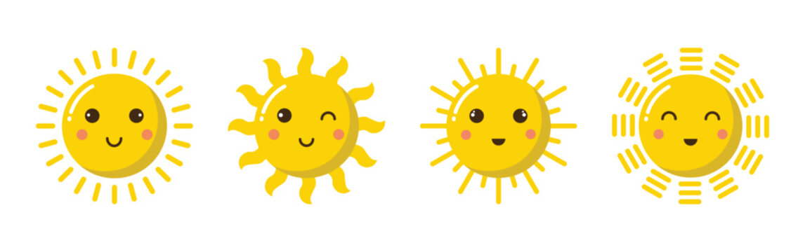 Set of funny sun vector icons on isolated background. Sun vector icon collection.