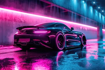 A sleek black sports car is parked in a tunnel, ready to unleash its power on the open road, A...