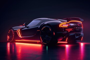 This photo showcases a black sports car with neon lights, exuding a sleek and modern aesthetic, A...