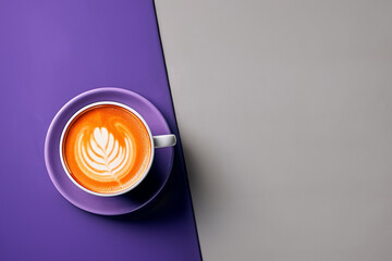 Elegant latte showcasing exquisite foam art on a half purple, half grey background, perfect for minimalist and coffee themes. - 731488082