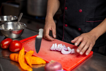 Chef cutting vegetables onions cebolla