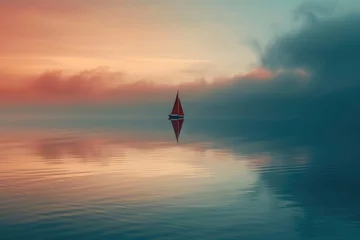 Poster A serene sailboat peacefully rests in the center of a tranquil body of water, A boat sailing alone on smooth water, AI Generated © Iftikhar alam