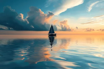 Deurstickers A sailboat peacefully floating in the middle of a vast and calm body of water, A boat sailing alone on smooth water, AI Generated © Iftikhar alam
