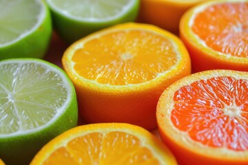 A vibrant assortment of oranges and limes, sliced in half, arranged neatly for a refreshing display of citrus fruits, A bold and vibrant symphony of electric lime and fiery oranges, AI Generated