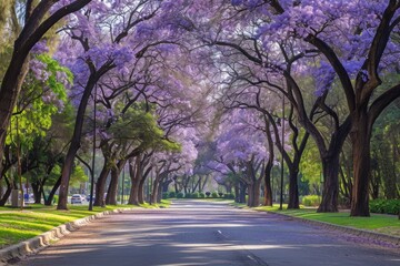 A peaceful city street adorned with an abundance of trees and vibrant purple flowers, A boulevard...