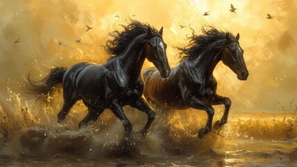 two black beautiful horses runing