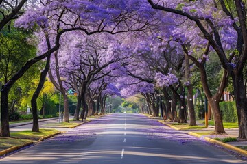 Capture the vibrant beauty of a street lined with majestic trees showcasing stunning purple flowers...