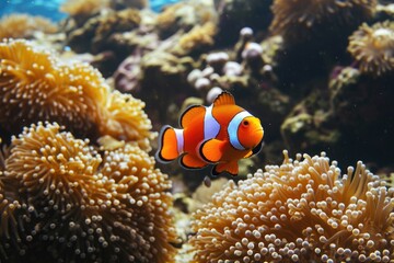 A captivating photo of a clown fish gracefully swimming among vibrant coral formations in a diverse and thriving reef ecosystem, A bright orange clownfish swimming among the coral reefs, AI Generated - obrazy, fototapety, plakaty