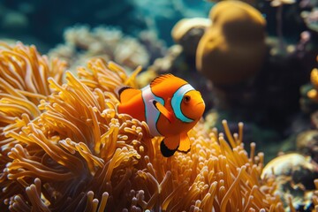 Experience the lively presence of an orange and white clown fish as it gracefully swims in an aquarium, A bright orange clownfish swimming among the coral reefs, AI Generated - obrazy, fototapety, plakaty