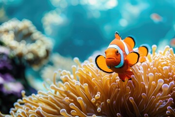 A colorful orange clown fish with vibrant stripes and fins, gracefully swimming in a serene blue background, A bright orange clownfish swimming among the coral reefs, AI Generated - obrazy, fototapety, plakaty