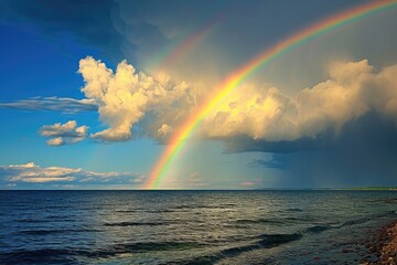 A vivid, radiant bow arches across the sky, casting its vibrant colors onto a calm body of water, A bright rainbow appearing after a violent storm, AI Generated