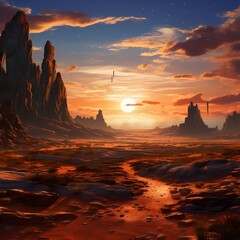 A vast, alien desert landscape with towering rock formations and a distant, double sun setting on the horizon