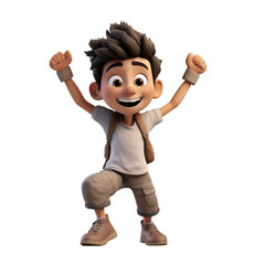 The 3D animation character portrays a young boy making a victory gesture with a big smile, radiating joy and triumph in his animated expression.