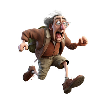The 3D animation character depicts an old explorer running away from something with a scared expression, carrying a backpack, conveying a sense of fear in his animated movement.