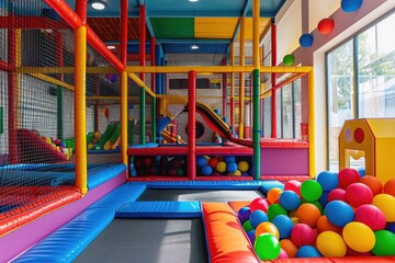 This photo showcases an energetic indoor play space adorned with a plethora of vibrant balls for children to enjoy, A brightly colored indoor playground with a trampoline and ball pit, AI Generated
