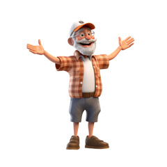 The 3D animation character portrays a grandpa with open arms, welcoming his grandchildren with warmth and affection in his animated depiction.