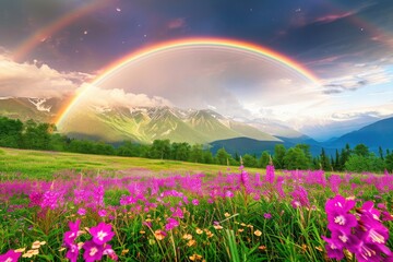 Witness a stunning natural phenomenon as a vibrant rainbow appears in the sky over a picturesque field of blooming flowers, A brilliant rainbow over a blooming meadow, AI Generated
