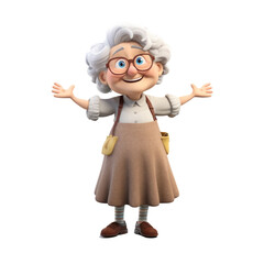 The 3D animation character portrays a grandmother with open arms and a warm smile, eagerly welcoming her grandchildren with love and joy.