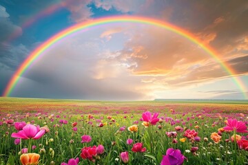 A stunning rainbow stretches across the sky, forming an arch over a picturesque field of colorful flowers, A brilliant rainbow over a blooming meadow, AI Generated