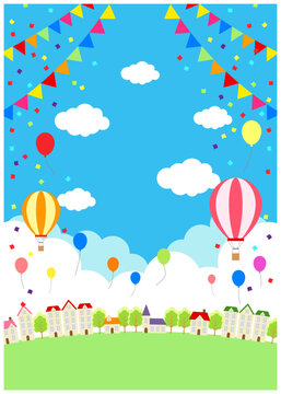風船、気球、青空、街並み、背景、縦型