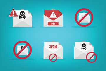 Spamming mailbox icon set. Email hacking and spam warning symbol. EPS10 Vector Illustration.