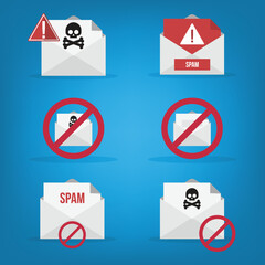 Spamming mailbox icon set. Email hacking and spam warning symbol. EPS10 Vector Illustration.