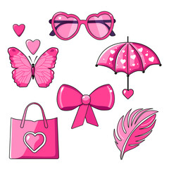 Vector icons with bag, umbrella, sunglasses, feather and butterfly bow by Valentine day. Flat design