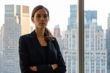 Fototapeta premium A woman stands in front of a window, her arms crossed, as she looks outside, A businesswoman standing thoughtfully in her office, cityscape in the backdrop, AI Generated