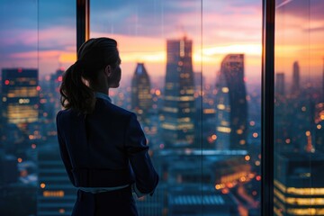A woman stands in front of a window, gazing out at the bustling city outside, A businesswoman standing thoughtfully in her office, cityscape in the backdrop, AI Generated
