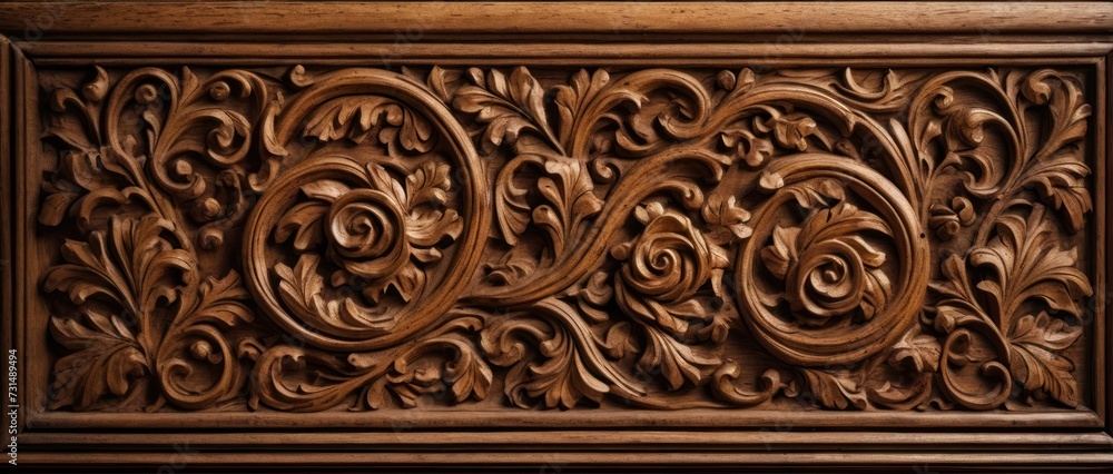 Wall mural rustic wooden with intricate carvings, renaissance style.