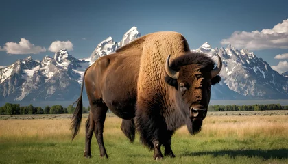 Foto auf Acrylglas Teton Range Bison in front of Grand Teton Mountain range with grass in foreground