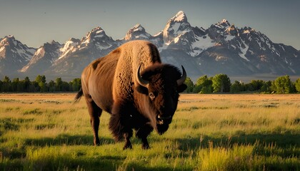 Bison in front of Grand Teton Mountain range with grass in foreground - Powered by Adobe