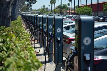 Multiple electric vehicles lined up in a row, conveniently parked side by side for recharging, A busy electric charging station in a supermarket parking lot, AI Generated