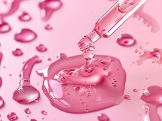 Close up of pipette with pouring liquid essential oil on pink background. Dropper with a falling drop of aromatherapy oil close-up