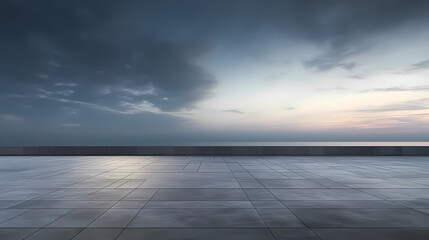 Dark concrete floor background infinite horizon sky panoramic scene