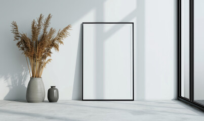 thin black frame with no content on a light colored floor with a white wall behind it. mockup of an...