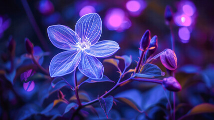 Digital futuristic flower wallpaper, neon light glow blossom wireframe, background with flower cyber hologram in AI generative